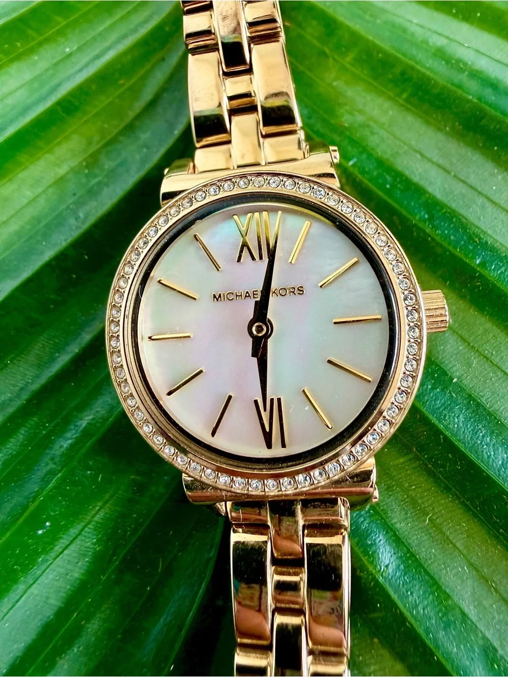 Michael Kors Gold-Tone Crystal Bezel Watch with Mother-of-Pearl Dial
